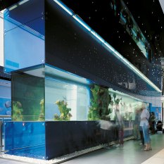 Sea aquariums and glass frontages, shopping mall Galerie Butovice, Prague 5